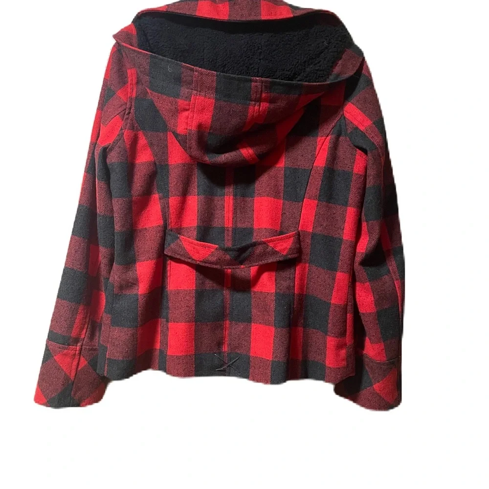 EMPYRE Sz M Cropped Buffalo Check Wool Blend Jacket Plaid Lumber Jack Jill Hood